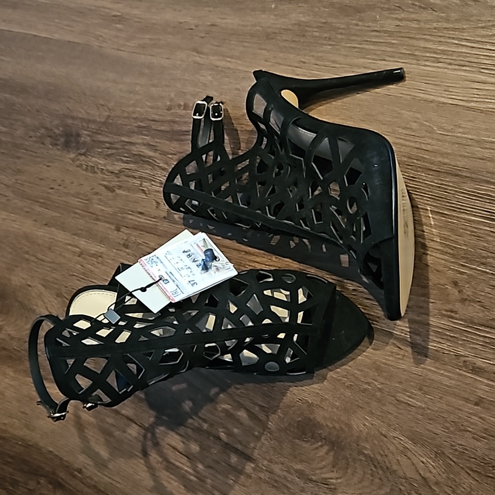 Zara leather/suede caged heels black 37 / 6.5 NWT